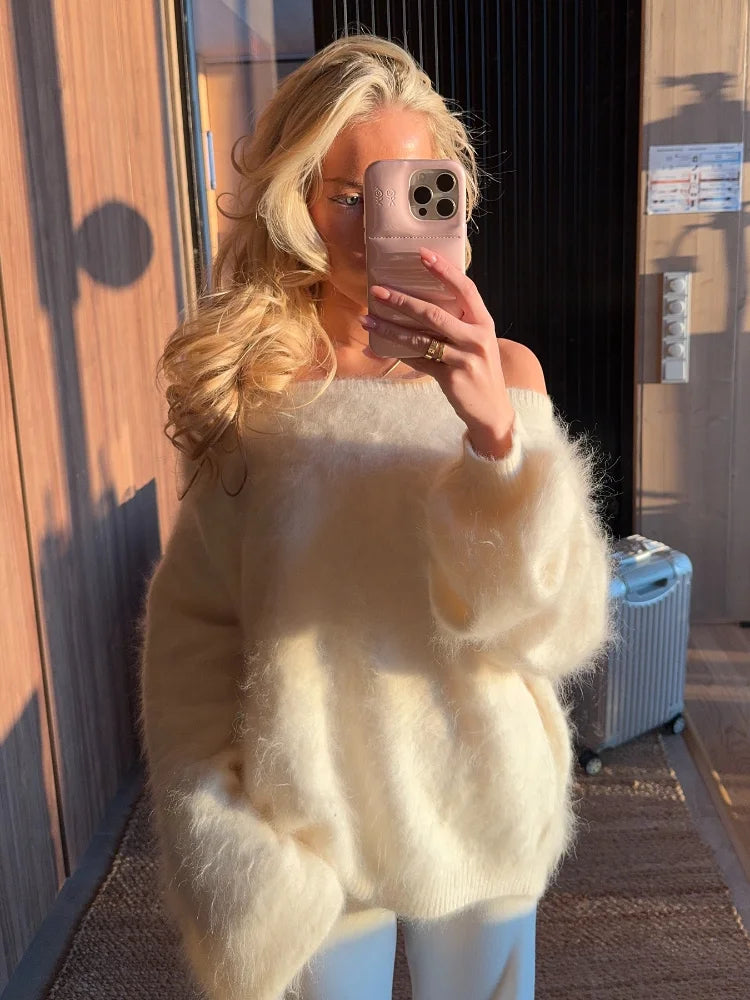 Fluffy Mohair Off Shoulder Cropped Sweater Oversize