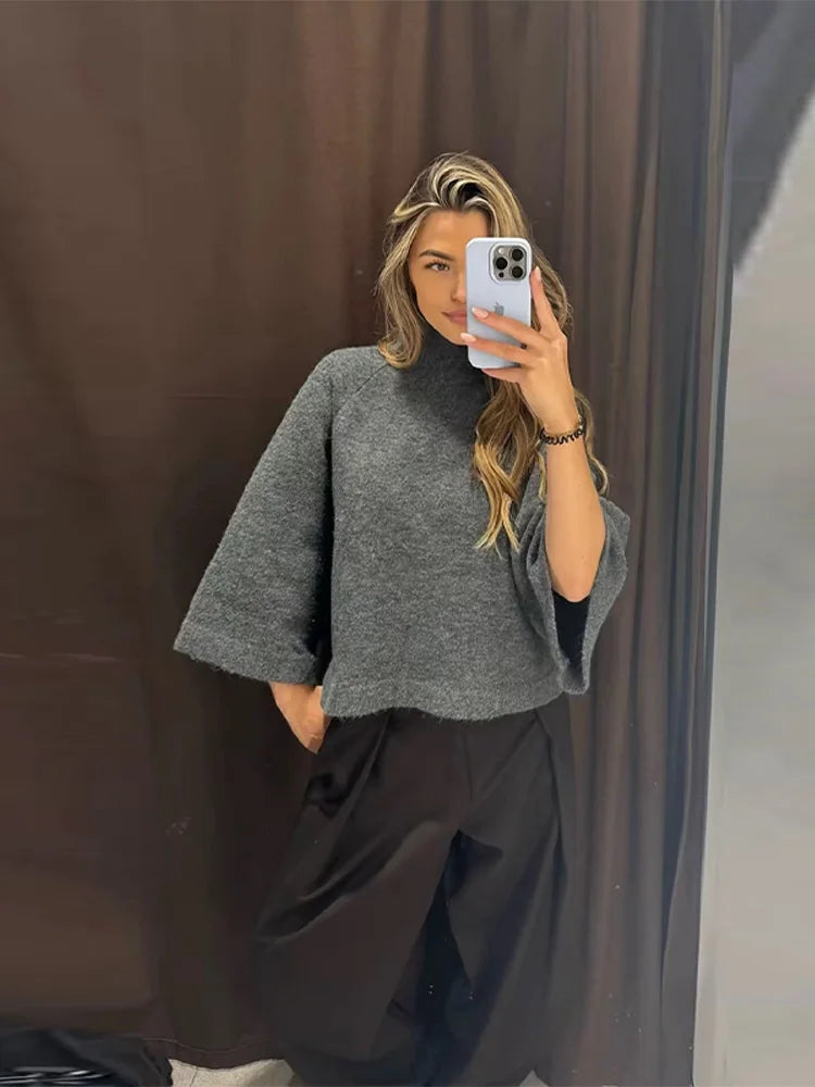 Women's Turtleneck Knit Sweater Flared Sleeve Loose