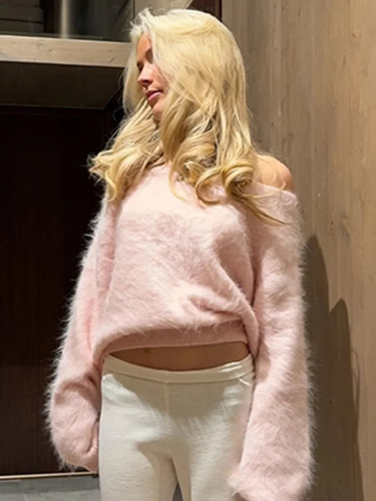 Fluffy Mohair Off Shoulder Cropped Sweater Oversize