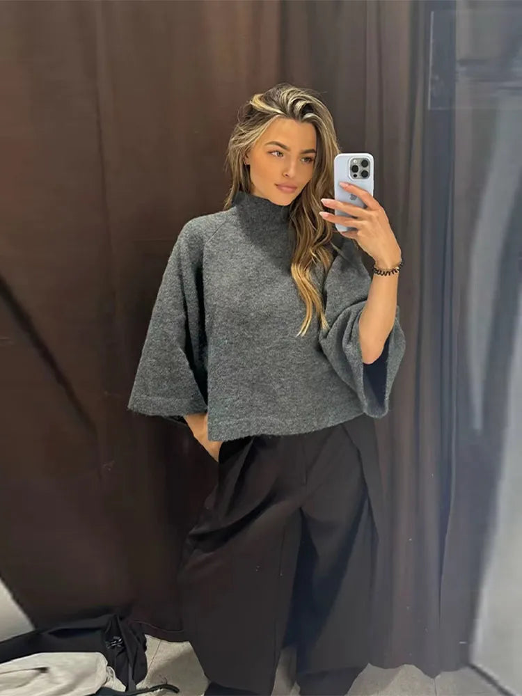 Women's Turtleneck Knit Sweater Flared Sleeve Loose