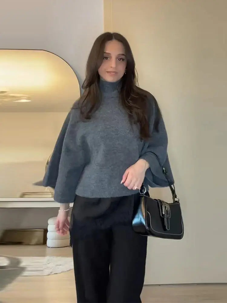 Women's Turtleneck Knit Sweater Flared Sleeve Loose