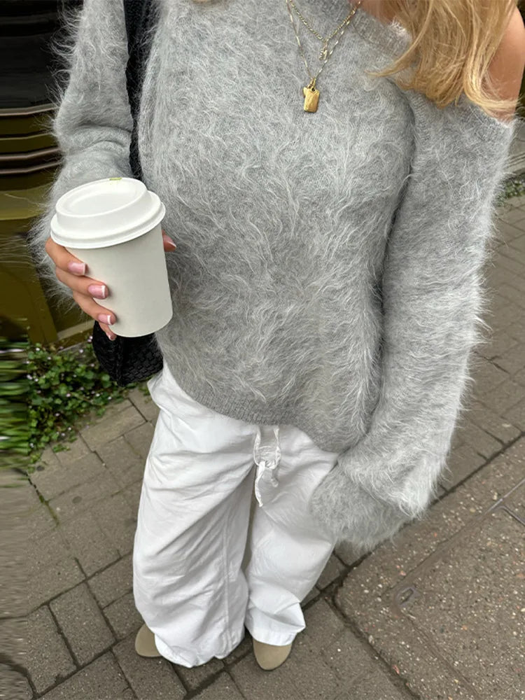 Fluffy Mohair Off Shoulder Cropped Sweater Oversize