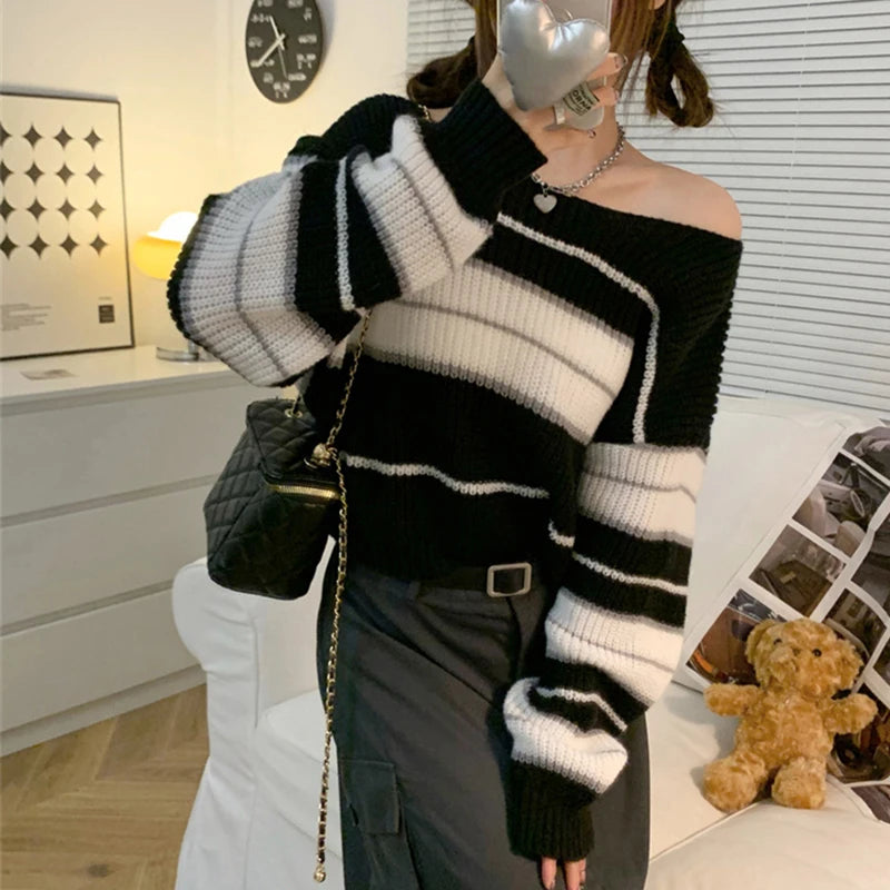 Women Striped Jumper Vintage Female Autumn Long